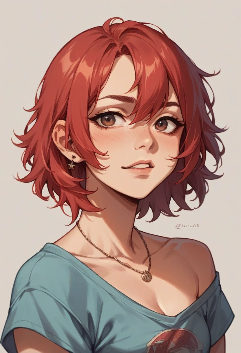 Make a 15 year old teenager, Red hair, SHORT to the neck, and wavy,    and make her VERY SEXY, quase nua