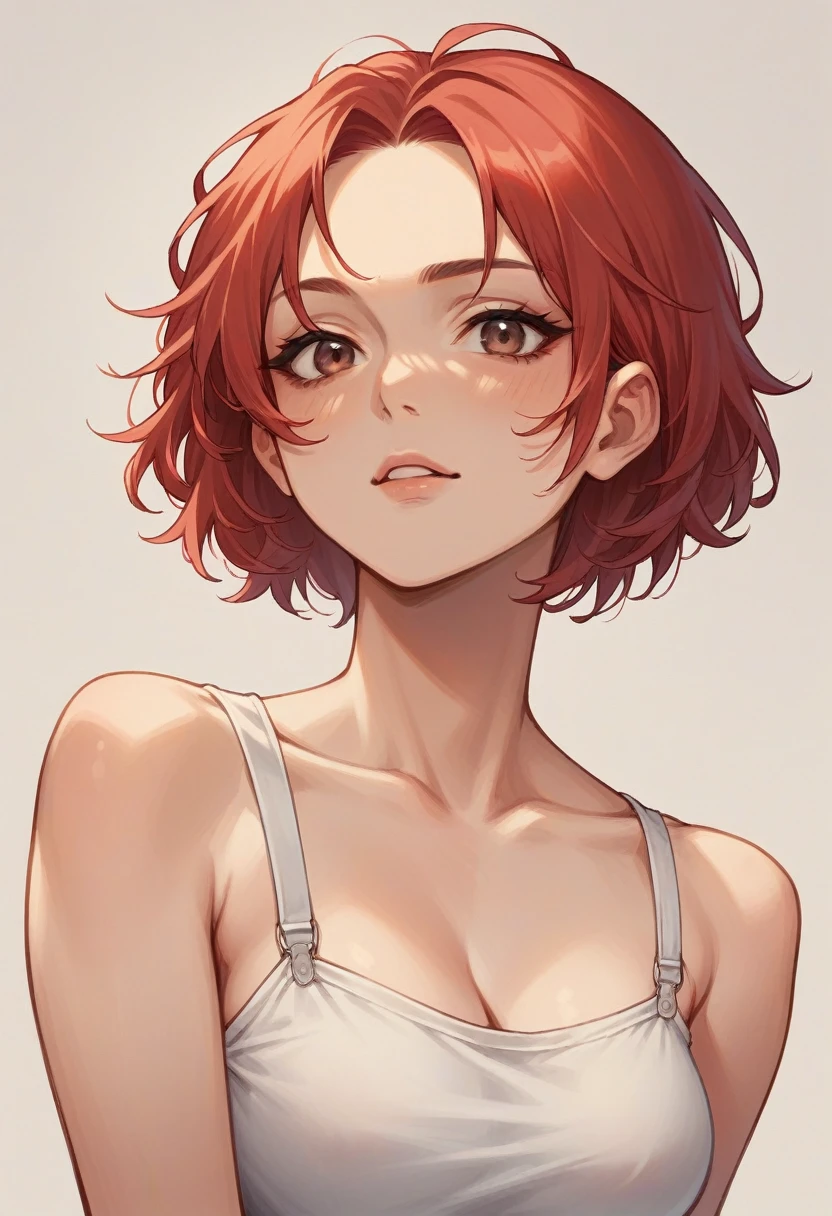 Make a 15 year old ager, Red hair, SHORT to the neck, and wavy, and make her VERY SEXY, quase nua