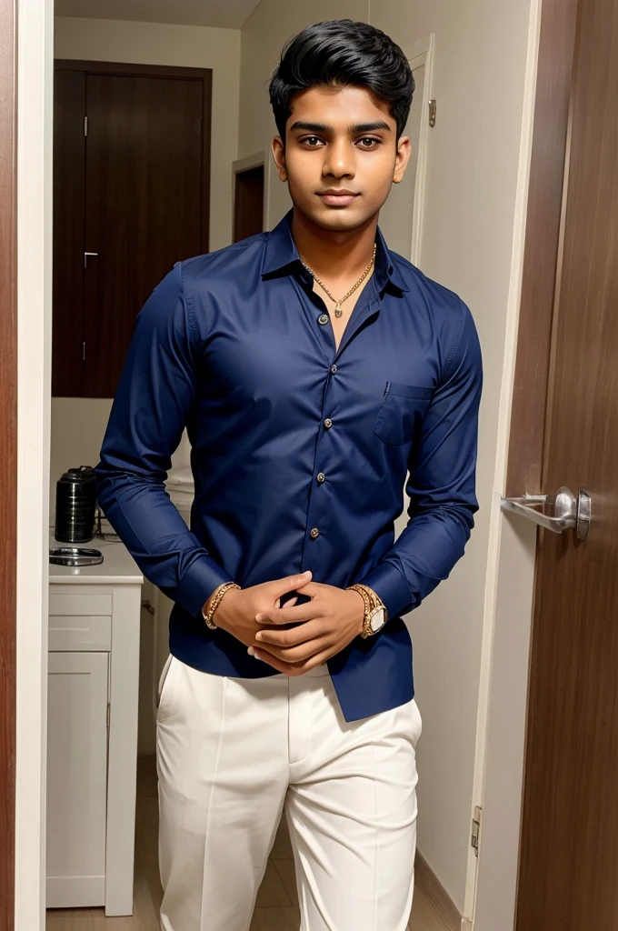 21 year old Indian boy with fair skin narrow body and possing for a linkdin picture in formal