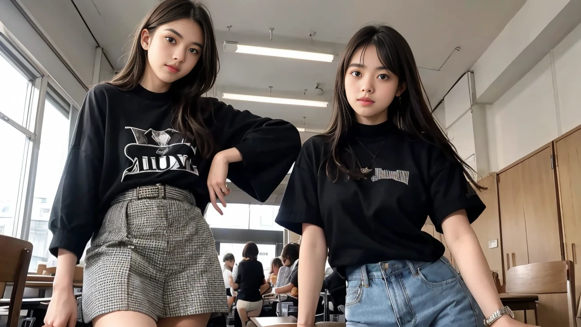 deux femmes ensemble de 18 ans sexy et mince , black short sleeve checkered sweater, jambe visible , se touche,salle de classe