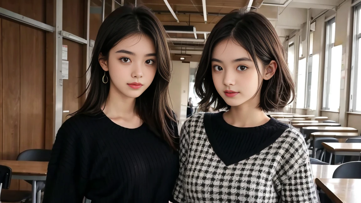 deux femmes ensemble de 18 ans ???? et mince , black short sleeve checkered sweater, jambe visible , se touche,salle de classe