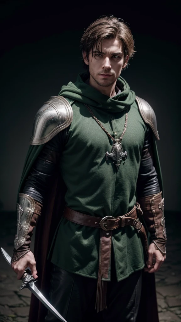 create an ultra realistic high definition image of a medieval character, his clothing is armor that mixes metal, leather and embossed details, the armor covers his torso and arms, he also wears a green cape with a hood, the inside of the cape It is lighter flowing backwards from the character's shoulders; he wears dark gloves.  the character holds a "falcon" bird on his left forearm protected by a falconry glove, and in his right hand he wields a sword with a straight and sharp blade, suggesting that it is a long and traditional sword.  The background of the image has a dark texture with a light that prioritizes the character's characteristics.