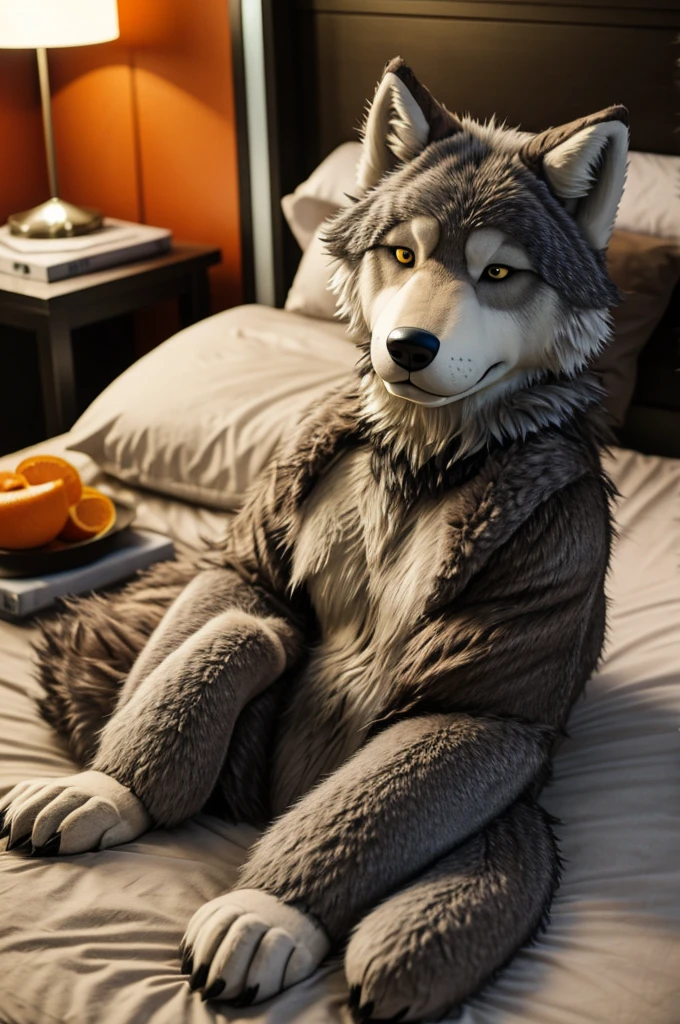 there is a stuffed wolf sitting on a bed with green light, furry character, POV Furry Art, saints row Fursuit tails mod, Macro furry, Tonic of the Wolf, ein anthropomorpher Wolf, the beautiful hairy wolf, furry body, Toony, furry grey body, Furries with tails, fluffy orange peel, pelzige Fursona, furry chest, Fursuit, very blurry