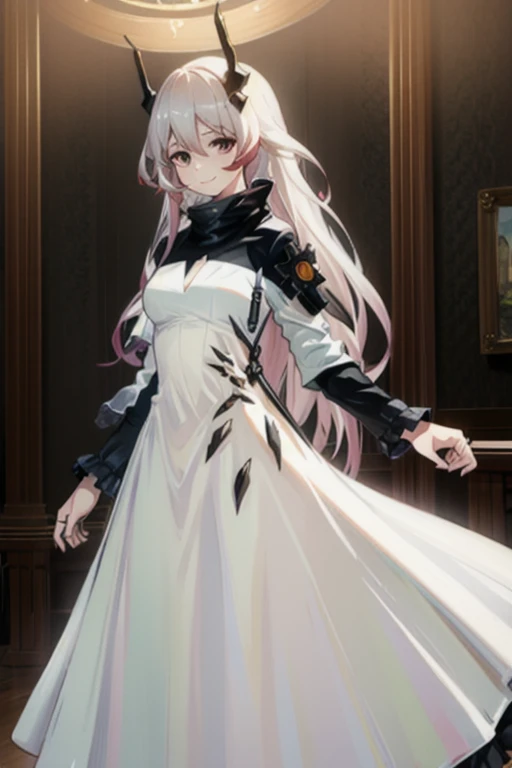 1girl,horns,theresahead,smile,theresa,cowboyshot, white long dress, long skirt