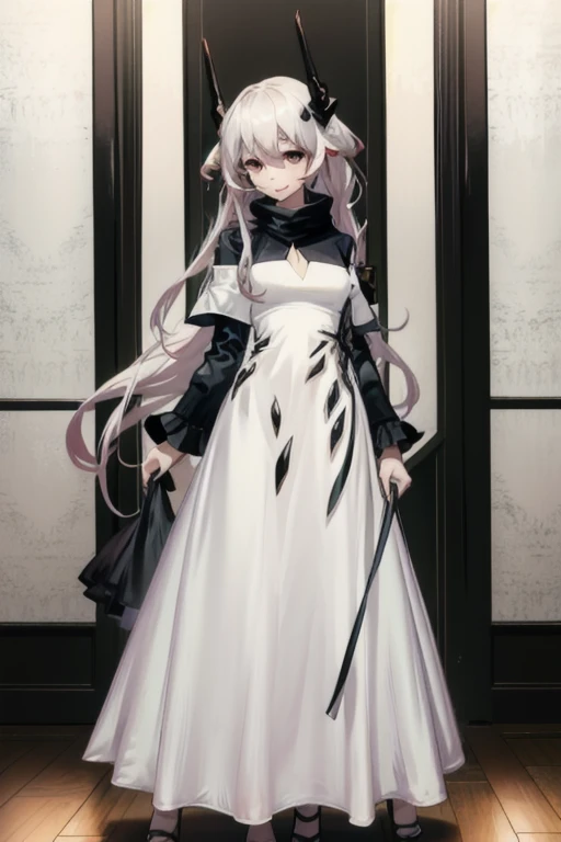 1girl,horns,theresahead,smile,theresa,cowboyshot, white long dress, long skirt