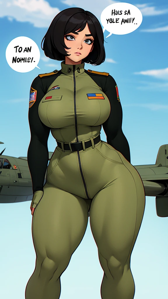 Military woman, curvy, athletic body, bob haircut