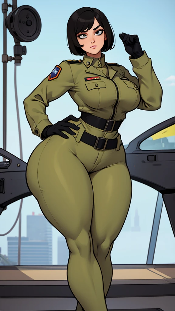 Military woman, curvy, athletic body, bob haircut