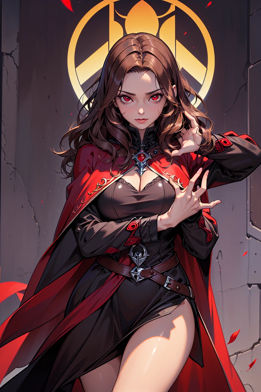 ((masterpiece:1.2, best quality, ultra detailed, absurdres, perfect anatomy, perfect hands)), (((1 woman))), (short brown wavy hair), red eyes, fit, ((dhampir noble sorcerer)), (black cloak)