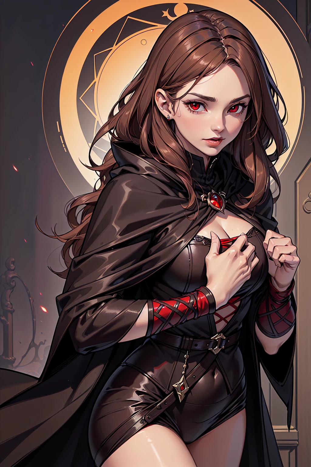 ((masterpiece:1.2, best quality, ultra detailed, absurdres, perfect anatomy, perfect hands)), (((1 woman))), (short brown wavy hair), red eyes, fit, ((dhampir noble sorcerer)), (black cloak)