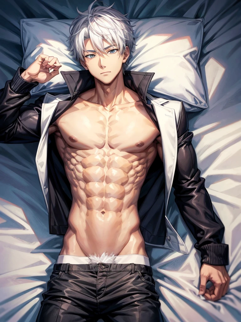 Anime guy about 16 without outerwear. Muscular with 6-pack abs and back. With white hair. Lying on the bed.