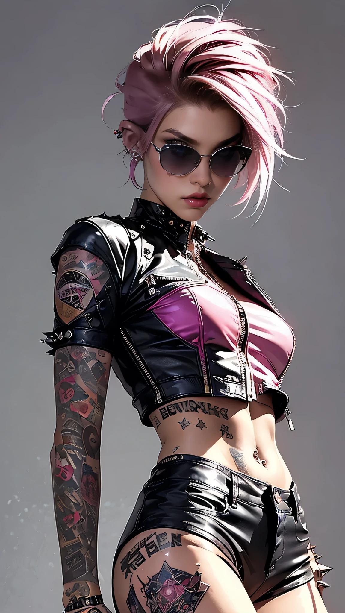 (((of the highest quality: 1.4))),(incomparable masterpiece ever), (ultra high definition),(Ultra-realistic 8k CG), Official Art、
(((adult body))), (((1 girl in))), ((( short hair bob ))), Punk girl with a perfect body, Jacket with metal spikes.,Beautiful and well-groomed face.,,
Detailed punk fashion,leather jackets, (Image from head to thigh.),((Pink short hair bob )), Small leather panties,
Simon Bisley's wild urban style,Detailed London street background,clean abs, Complex graphics,
dark pink with white stars and gray and white stripes,,,, (( Many poisonous tattoos )), piercings, sunglasses, curvy, sexy