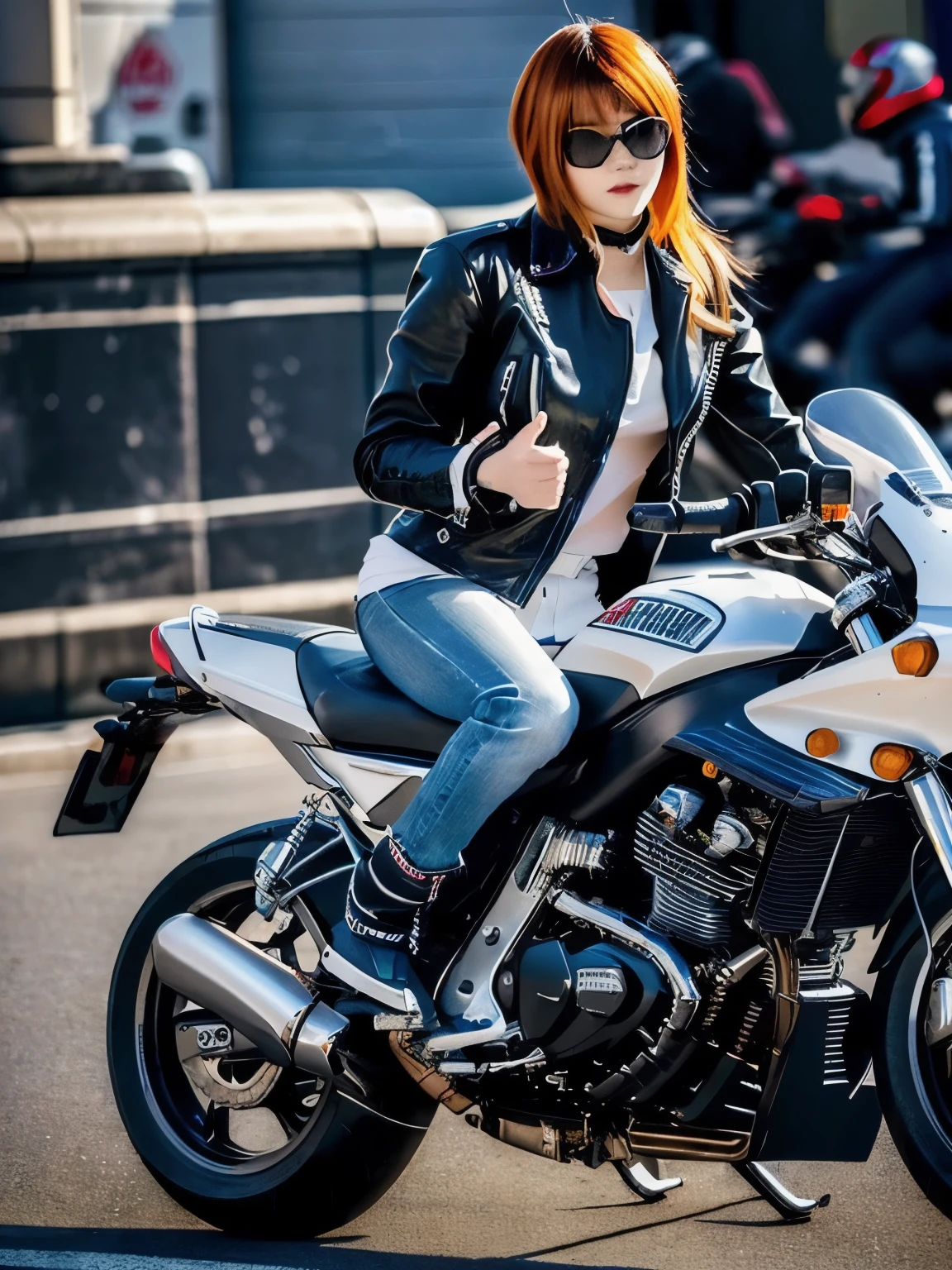woman in leather jacket sitting on a motorcycle on the street, Wearing a leather biker outfit, motorcycle, riding a motorcycle, sitting on a motorcycle, motorcycles, Motorcycle, Sitting on a cyberpunk motorcycle, riding a motorcycle, Asuka, Ayaka cosplay, 🚿🗝📝, Kasumi Arimura Style 3/4, Russian mixed with Japanese