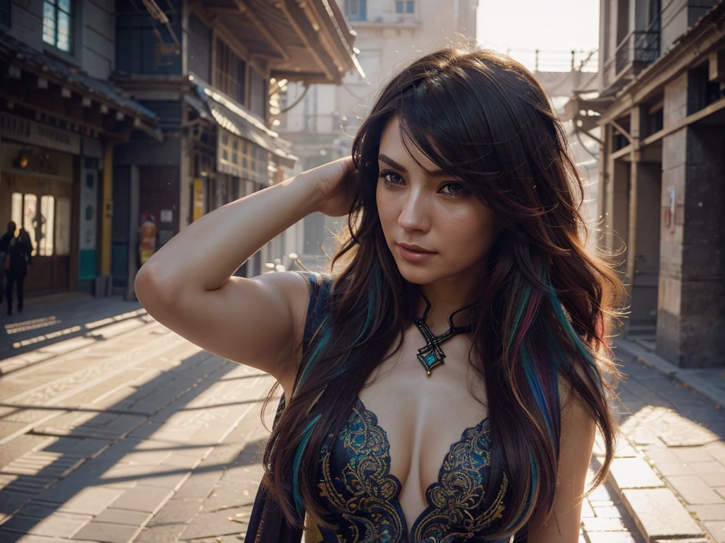 beautiful (zxzxberna), intricate colorful hair with , sunlight, beautiful lighting, vibrant lighting, intricate, highly detailed, elegant, smooth, by Ruan Jia and Artgerm and Anton Fadeev,  