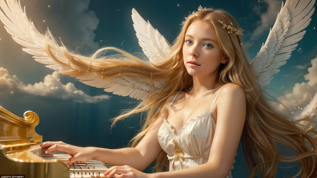 a beautiful Nordic woman, with long golden blonde hair, blue eyes, with angel wings, wears a delicate beige dress, she plays a magical piano, this piano is made of syrup and has angel wings, the background of the image is magical, They are floating in the sky with enchanted clouds amidst many angels, portraying the scene of a heavenly atmosphere