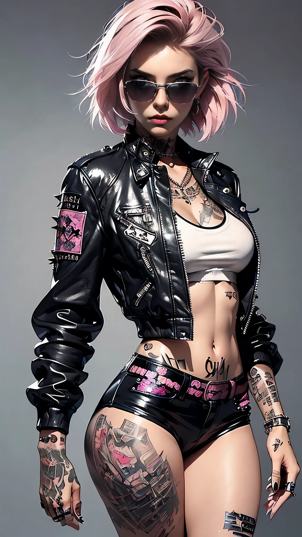 (((of the highest quality: 1.4))),(incomparable masterpiece ever), (ultra high definition),(Ultra-realistic 8k CG), Official Art、
(((adult body))), (((1 girl in))), ((( short hair bob ))), Punk girl with a perfect body, Jacket with metal spikes.,Beautiful and well-groomed face.,,
Detailed punk fashion,leather jackets, (Image from head to thigh.),((Pink short hair bob )), Small leather panties,
Simon Bisley's wild urban style,Detailed London street background,clean abs, Complex graphics,
dark pink with white stars and gray and white stripes,,,, (( Many poisonous tattoos )), piercings, sunglasses, curvy, sexy