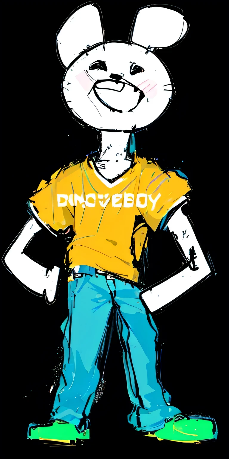 A drawing of a cartoon character wearing a yellow shirt and blue pants, Yeboy, Cartoon Images, Cover art, Official Fan Art, gelbooru anime image, Album cover!, Flashy clothes, full_body!!, Chill Hop, Cher, Album art cover, alternate Album cover, Pip Boy Art, Anime Shōnen,  Boy, Official artwork, A cute boy