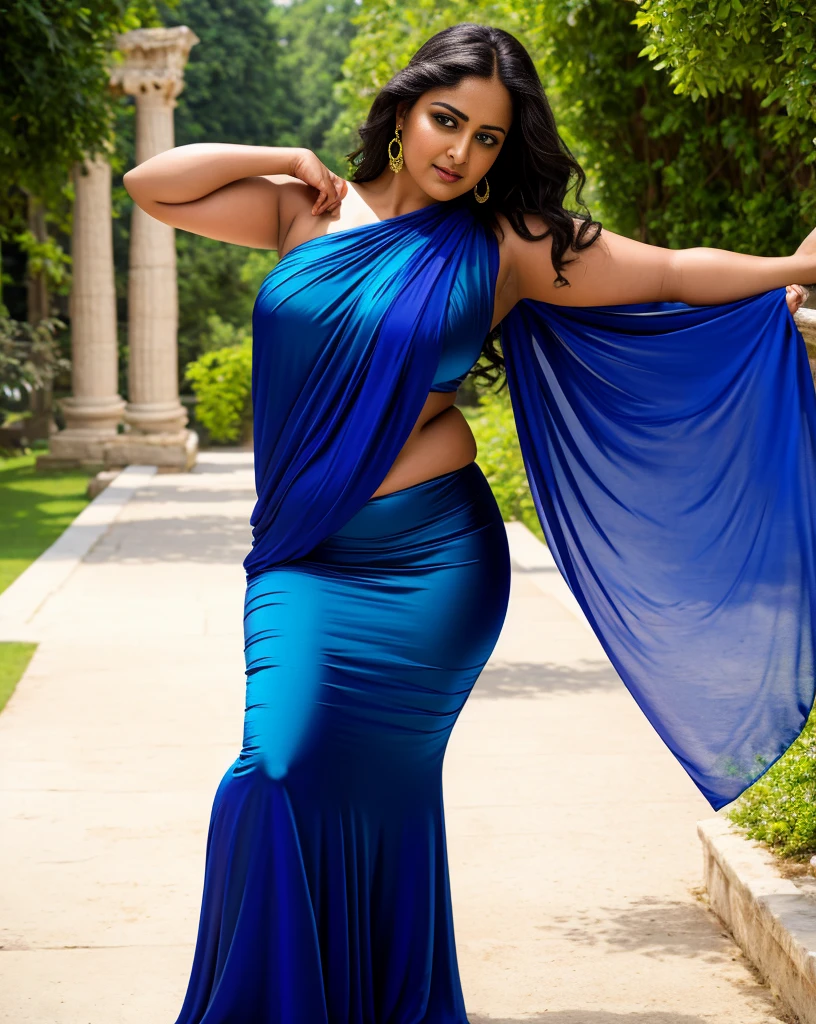 Looks like Anushka Shetty, thick figure, heavy physique, Masterpiece, thick figure heavy figure, curvy, voluptuous, sexy navel folds, Best quality, high clarity eyes, critically flawless,sharp picture, Full portrait, High pixels, perfect face, perfect eyes, beautiful face, perfect hands,perfect fingers, in Peter Paul Rubens style, by Peter Paul Rubens, baroque style, acrylic on canvas, highly detailed, description: "Create a nymph inspired by the tales of Greek or Roman mythology, embodying the essence of a natural element or location, and possessing a unique ability or trait that sets her apart.", strapless Bra of ancient times, strapless bralette, armpits showing, 