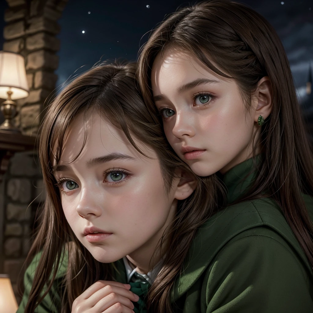 12 year old girl, slim, beautiful face, gold eyes, Brown hair, I would be, deep gaze straight ahead, Profile, in the Howards uniform with the Slytherin emblem, putting her hair behind her ear, in the background Howards Castle at night with wind
