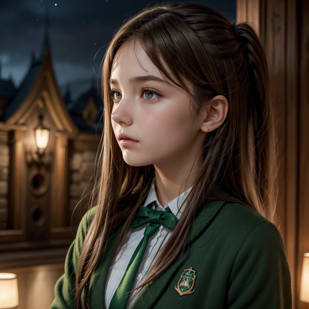 12 year old girl, slim, beautiful face, gold eyes, Brown hair, I would be, deep gaze straight ahead, Profile, in the Howards uniform with the Slytherin emblem, putting her hair behind her ear, in the background Howards Castle at night with wind