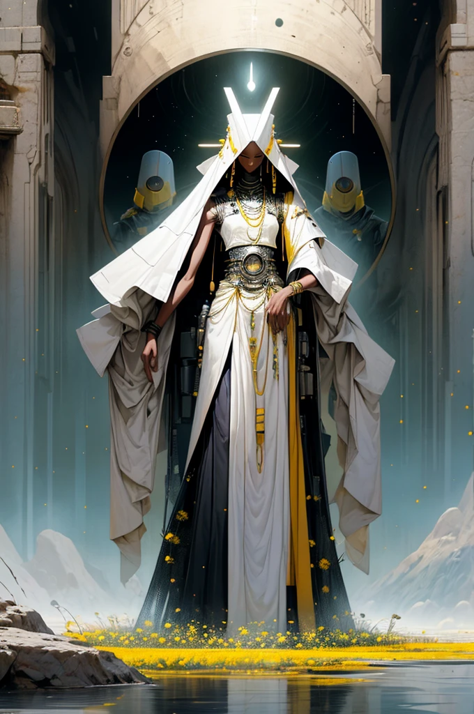 a tall slim robot, wearing a simple yellow wrap across its shoulder, a diamond shaped head. robot is standing side by side with a short African woman, with curly black hair and a gentle smile, wearing a sleeveless white robe, standing in a vast meadow covered with white and yellow flowers