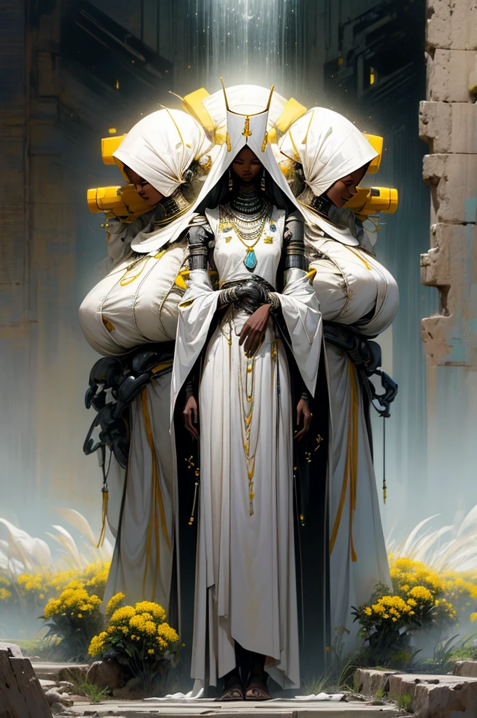 a tall slim robot, wearing a simple yellow wrap across its shoulder, a diamond shaped head. robot is standing side by side with a short African woman, with curly black hair and a gentle smile, wearing a sleeveless white robe, standing in a vast meadow covered with white and yellow flowers