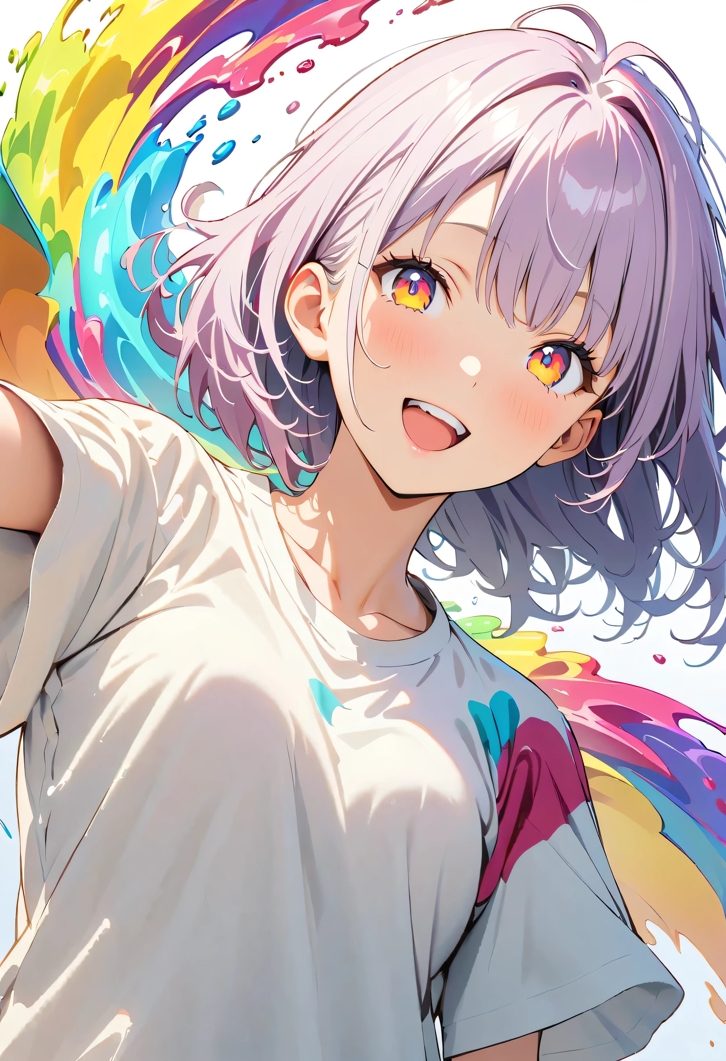 (masterpiece, Highest quality, Official Art:1.2), (colorful), Perfect Anatomy, Looking at the audience, One Girl, alone, White Background, floating colorful water, Ultra-fine illustrations, highly detailed, Dynamic Angle, beautiful detailed, 8K, break smiling amidst the colorful scenes, (Highest quality, masterpiece, High resolution, detailed), Anime Style, (Shining Eyes, detailed美しい顔), break,Dynamic Angle