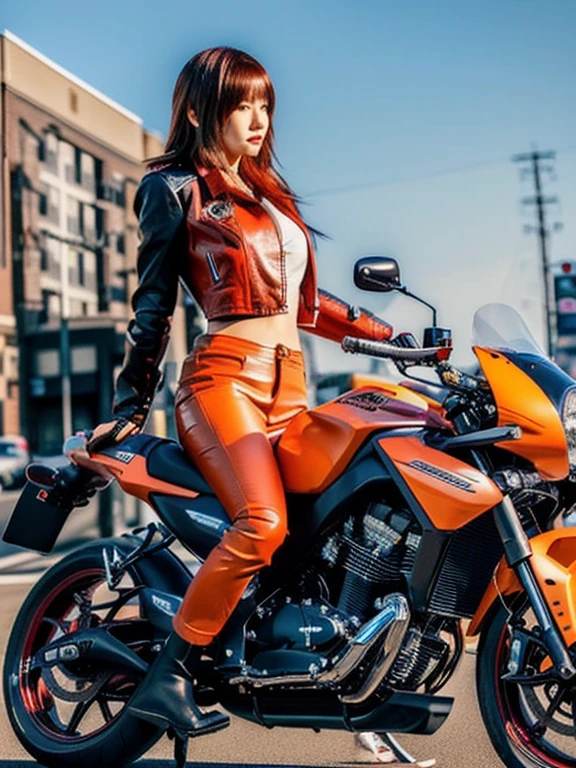 woman in leather jacket sitting on a motorcycle on the street, Wearing a leather biker outfit, motorcycle, riding a motorcycle, sitting on a motorcycle, motorcycles, Motorcycle, Sitting on a cyberpunk motorcycle, riding a motorcycle, Asuka, Ayaka cosplay, 🚿🗝📝, Kasumi Arimura Style 3/4, Russian mixed with Japanese