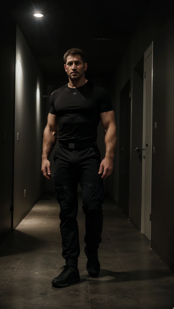 1 man, solo, 48 year old, Chris Redfield, wearing a black T-shirt, smirks, looking at the camera, black color on the shoulder and a bsaa logo on the shoulder, military tactical suit, equipment, tall and hunk, black boxer, huge bulge, black socks, wearing no shoes, biceps, abs, chest, best quality, masterpiece, high resolution:1.2, full body shot, dark black gloomy hallway with not background