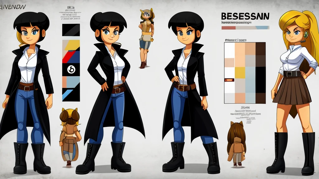 Female type of animal wearing a black coat, a white shirt, jeans, boots, and a belt around her waist.
cartoon style, character reference sheet