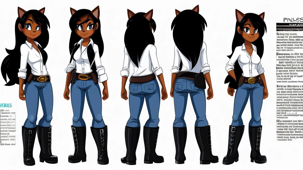 Female type of animal wearing a black coat, a white shirt, jeans, boots, and a belt around her waist.

cartoon style, character reference sheet