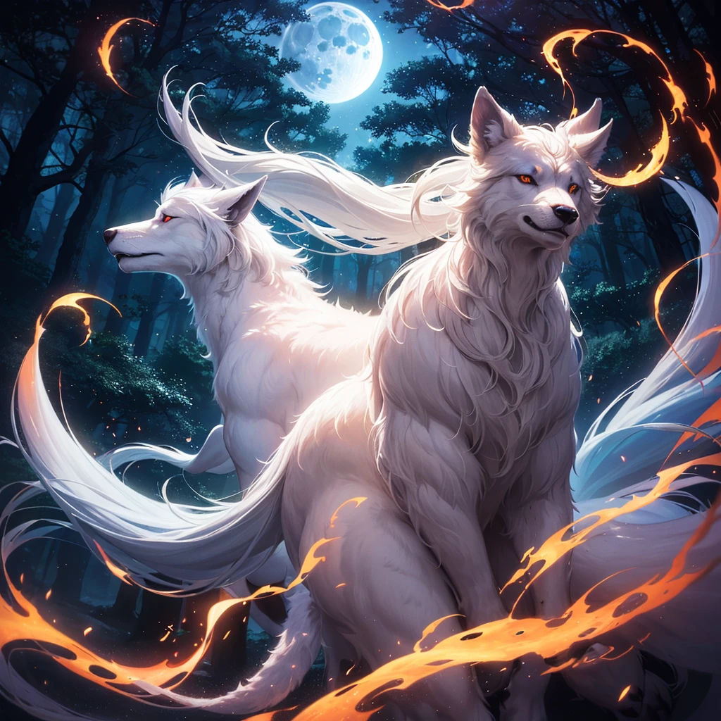 1 Big Wolf, mythical creature, nine tails, (glowing eyes:0.9), red fur, elegant posture, (spiritual aura:1.2), flowing mane, (floating in the air:1.3), mysterious, (wisdom:1.1), seductive, (enchanted forest background:1.4), moonlit night, magical, ancient, (ethereal glow:1.2), (translucent tails:1.1), mythical powers, (misty atmosphere:0.8), divine, (celestial beings:1.3), (fierce protector:1.2), alluring, (fading into shadows:0.9).