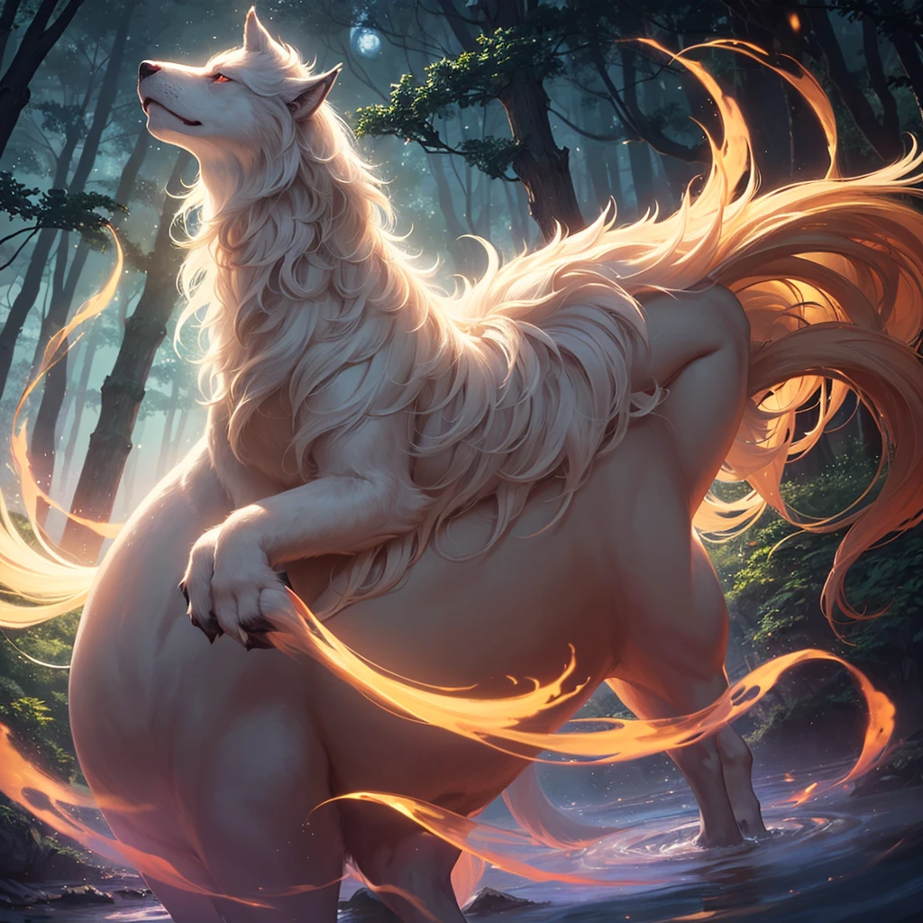 1 Big Wolf, mythical creature, nine tails, (glowing eyes:0.9), red fur, elegant posture, (spiritual aura:1.2), flowing mane, (floating in the air:1.3), mysterious, (wisdom:1.1), seductive, (enchanted forest background:1.4), moonlit night, magical, ancient, (ethereal glow:1.2), (translucent tails:1.1), mythical powers, (misty atmosphere:0.8), divine, (celestial beings:1.3), (fierce protector:1.2), alluring, (fading into shadows:0.9).