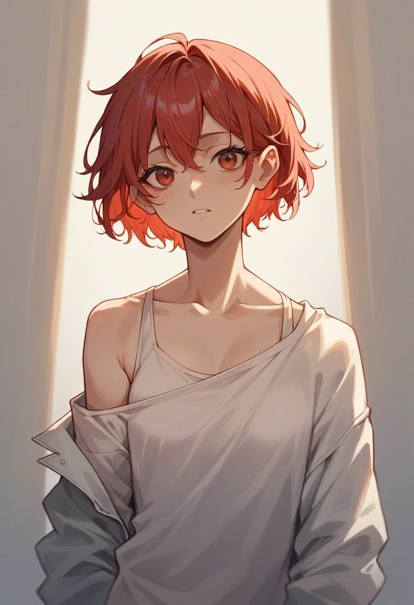 Make a 15 year old ager, Red hair, SHORT to the neck, and wavy, and make it into a HENTAI
