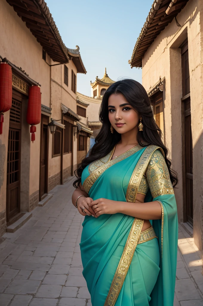 1 Heavenly beautiful and goddess beauty cute and sweet looking face Arabian female in front of Dali Ancient Town, China, Heavenly beautiful Overweight, Heavenly beautiful Extremely fat, Heavenly beautiful and attractive Chubby figure , Heavenly beautiful looking and eye catching luxury style Georgette Saree, reaching out, Heavenly beautiful Arabian woman, 16k, High resolution, masterpiece, highest quality, fine skin, outside view, Realistic Photograph, close up face view