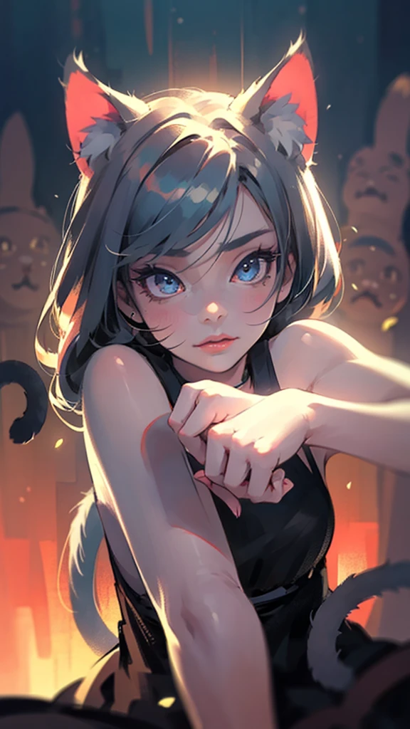 A cute anime girl, neko-chan, extremely detailed 2D illustration, beautiful detailed eyes, beautiful detailed lips, extremely detailed face and features, long eyelashes, beautiful detailed facial expression, long hair, cat ears, cat tail, playful pose, intricate detailed background, vibrant colors, delicate lighting, masterpiece, best quality, 4k