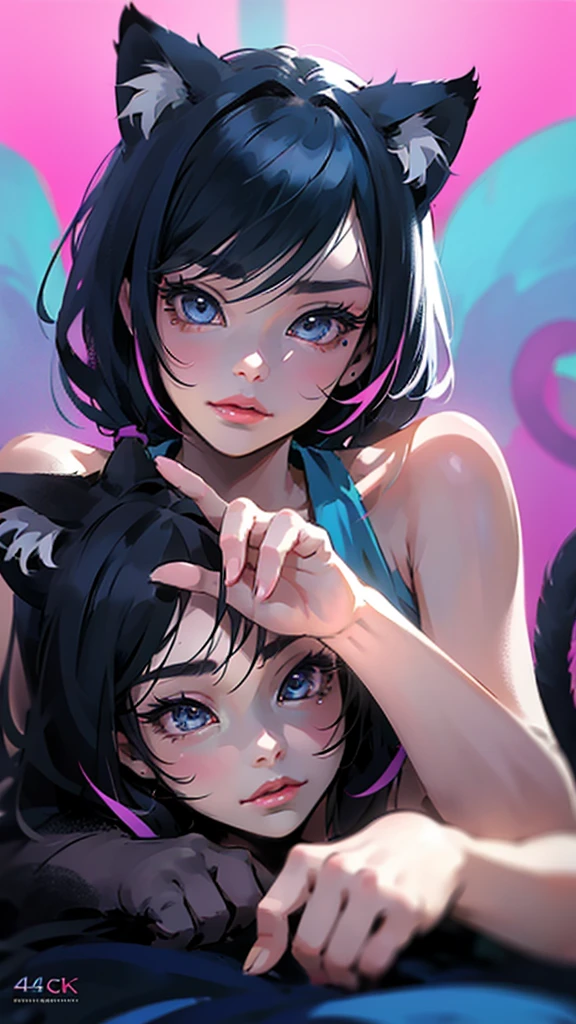 A cute anime girl, neko-chan, extremely detailed 2D illustration, beautiful detailed eyes, beautiful detailed lips, extremely detailed face and features, long eyelashes, beautiful detailed facial expression, long hair, cat ears, cat tail, playful pose, intricate detailed background, vibrant colors, delicate lighting, masterpiece, best quality, 4k