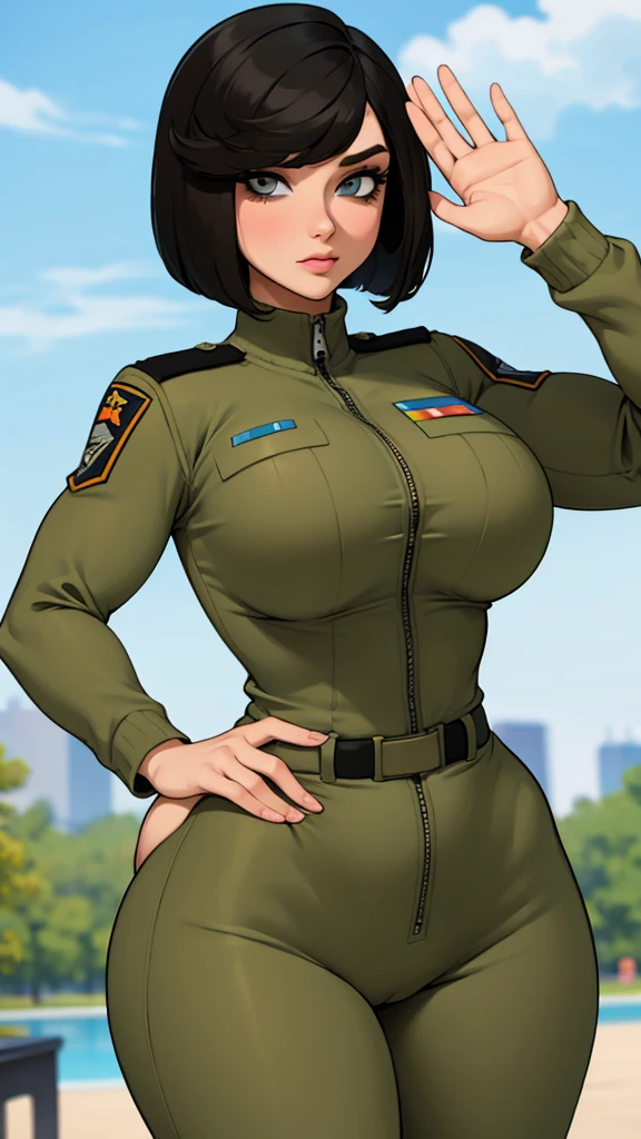 Military woman, curvy, athletic body, bob haircut, military greeting