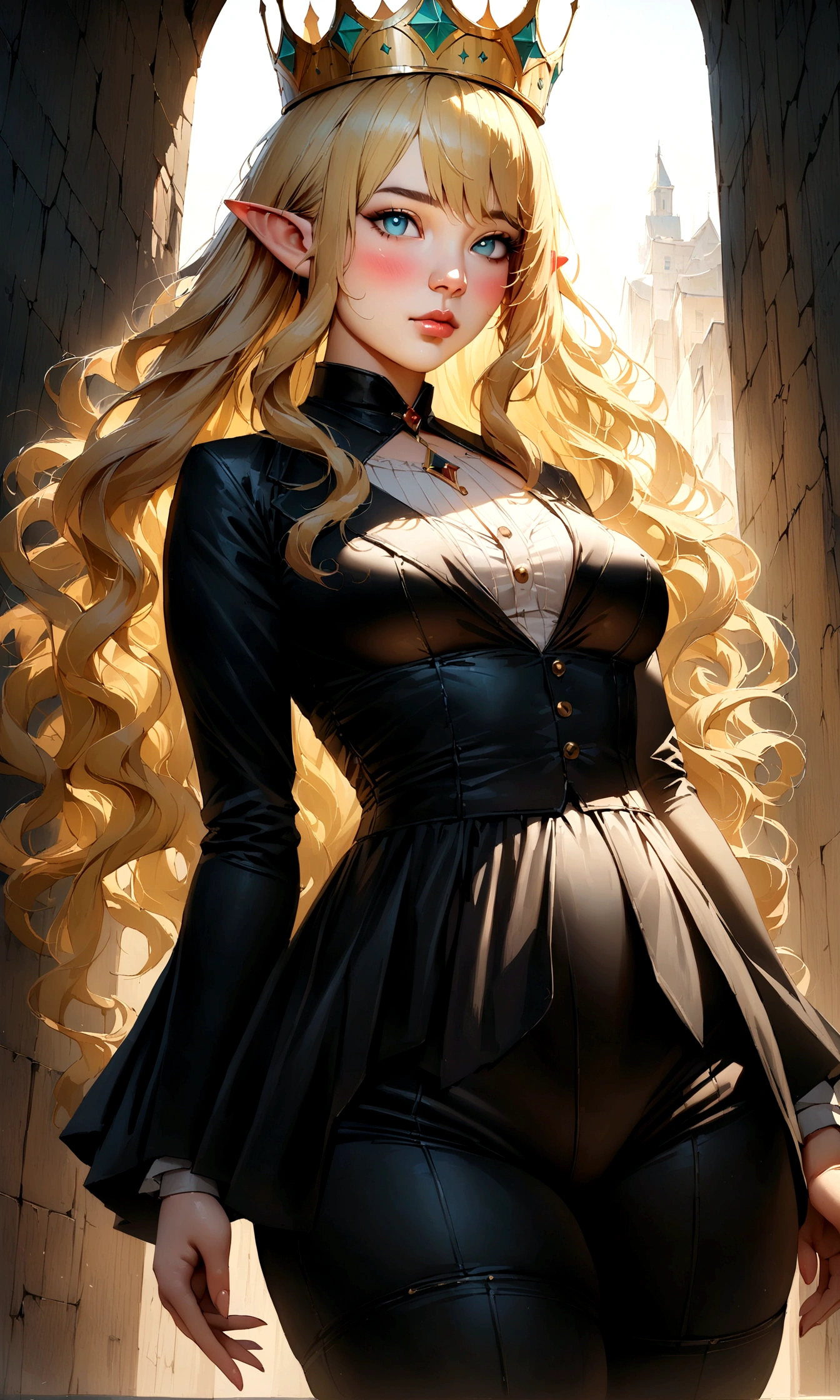 blonde hair, wavy hair, long hair, crown, aqua eyes, long pointy ears, blush, Surrealism, cinematic lighting, drop shadow, vignetting, vanishing point, f/16, 35mm, Sony FE GM, super detail, textured skin, high details, high quality, best quality, masterpiece, Black clothes, pointy medium breasts, thin waist, thick thighs, realistic 