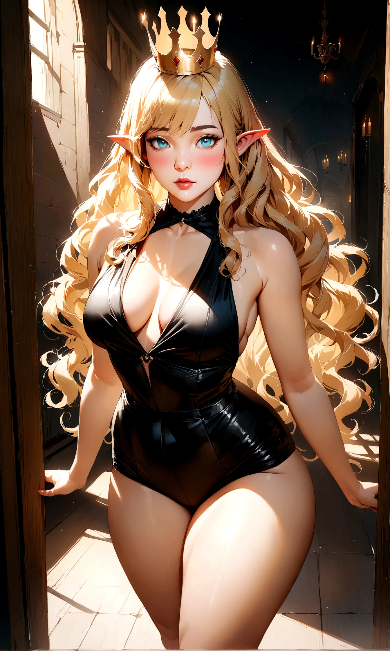 blonde hair, wavy hair, long hair, crown, aqua eyes, long pointy ears, blush, Surrealism, cinematic lighting, drop shadow, vignetting, vanishing point, f/16, 35mm, Sony FE GM, super detail, textured skin, high details, high quality, best quality, masterpiece, Black clothes, pointy medium breasts, thin waist, thick thighs, realistic 