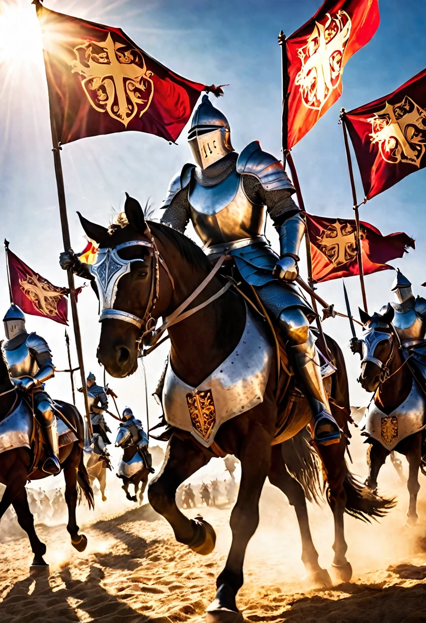 The first knights charging into battle, their armor gleaming in the sunlight, their banners flying high