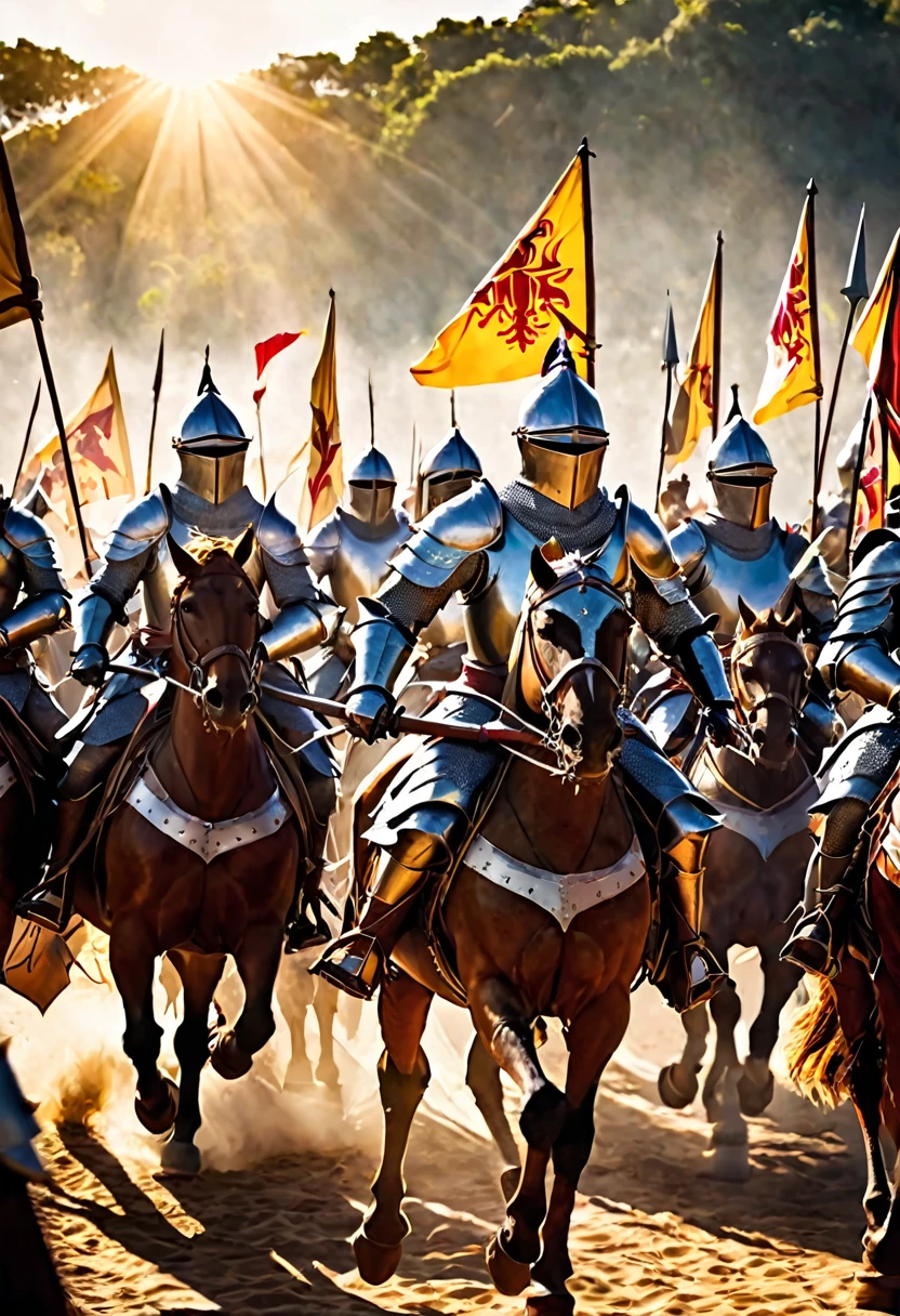 The first knights charging into battle, their armor gleaming in the sunlight, their banners flying high