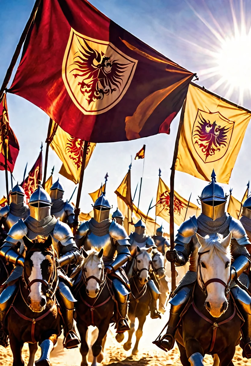 The first knights charging into battle, their armor gleaming in the sunlight, their banners flying high