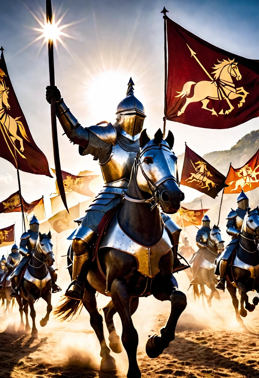 The first knights charging into battle, their armor gleaming in the sunlight, their banners flying high