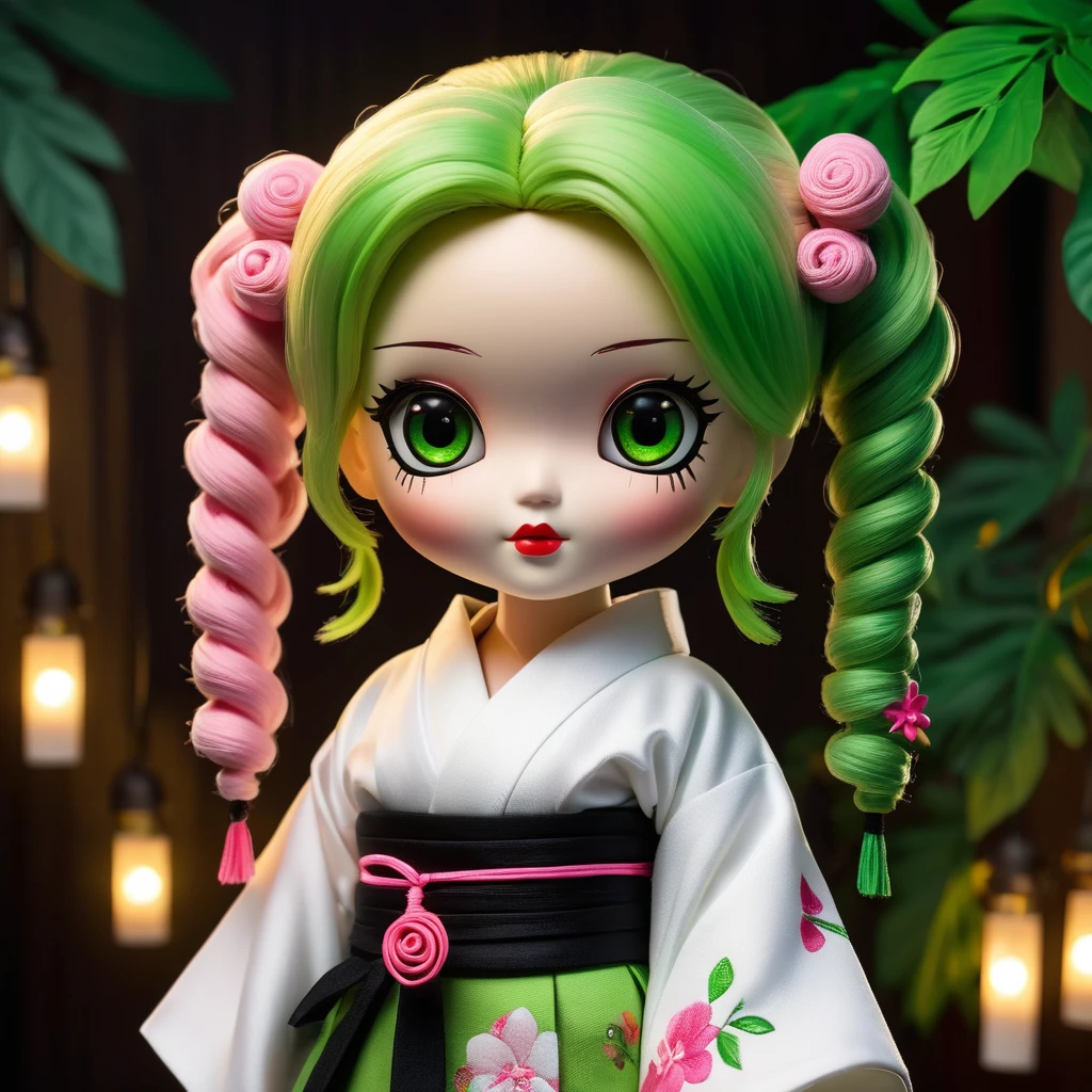 (knitted toy voodoo doll: 1.7), (Voodoo Mitsuri Kanroji: 1.5), (Clothing white very short kimono with an open neckline on the chest and a black skirt, high green knee-highs: 1.8), (hair pink on the top of the head and green pigtails on the shoulders: 1.4), (holds a small sword: 1.0), (background: dark mystical forest with glowing lanterns: 1.2), (style: creepy, mesmerizing, detailed: 1.3), best quality, masterpiece, detailed soft oil painting, detailed background, dramatic cinematic lighting, soft edge lighting, professional, dramatic lighting, hard edge lighting, ultra quality, 4k, masterpiece, best quality, 8k, ultra high definition, high resolution, extremely detailed