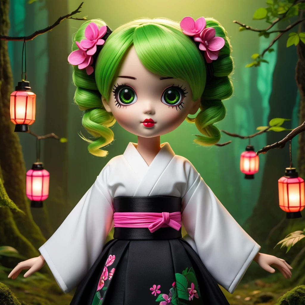 (knitted toy voodoo doll: 1.7), (Voodoo Mitsuri Kanroji: 1.5), (Clothing white very short kimono with an open neckline on the chest and a black skirt, high green knee-highs: 1.8), (hair pink on the top of the head and green pigtails on the shoulders: 1.4), (holds a small sword: 1.0), (background: dark mystical forest with glowing lanterns: 1.2), (style: creepy, mesmerizing, detailed: 1.3), best quality, masterpiece, detailed soft oil painting, detailed background, dramatic cinematic lighting, soft edge lighting, professional, dramatic lighting, hard edge lighting, ultra quality, 4k, masterpiece, best quality, 8k, ultra high definition, high resolution, extremely detailed