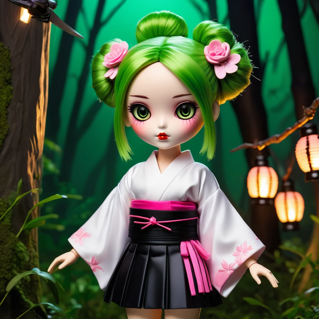 (knitted toy voodoo doll: 1.7), (Voodoo Mitsuri Kanroji: 1.5), (Clothing white very short kimono with an open neckline on the chest and a black skirt, high green knee-highs: 1.8), (hair pink on the top of the head and green pigtails on the shoulders: 1.4), (holds a small sword: 1.0), (background: dark mystical forest with glowing lanterns: 1.2), (style: creepy, mesmerizing, detailed: 1.3), best quality, masterpiece, detailed soft oil painting, detailed background, dramatic cinematic lighting, soft edge lighting, professional, dramatic lighting, hard edge lighting, ultra quality, 4k, masterpiece, best quality, 8k, ultra high definition, high resolution, extremely detailed