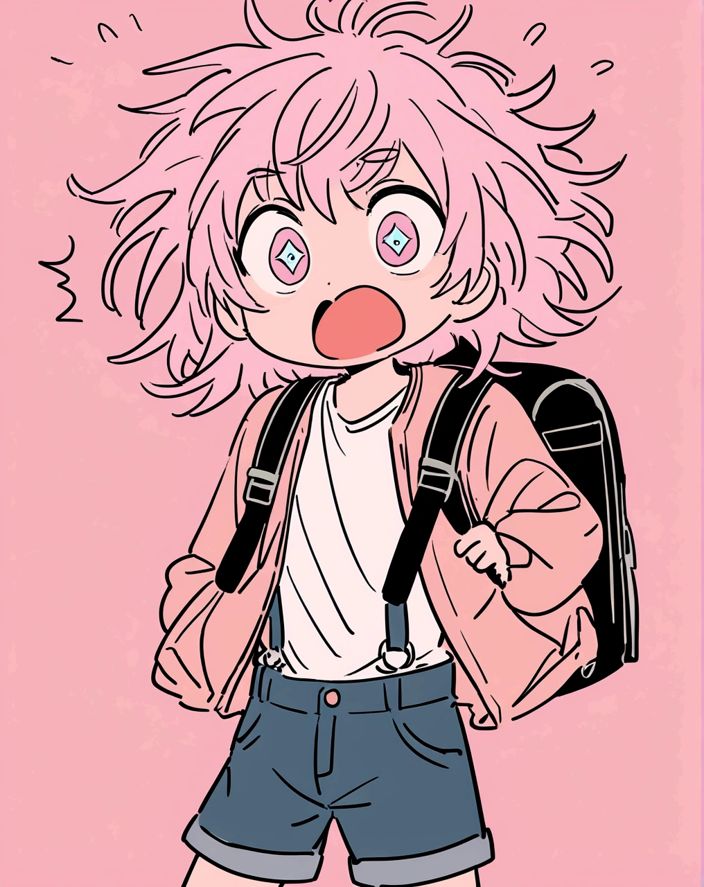 Generate an anime-style illustration of a surprised boy with short, messy hair. He has wide, expressive eyes and a small mouth open in astonishment. The boy is wearing a casual outfit consisting of a loose jacket over a simple top and shorts. He also carries a backpack. The background should be a solid, pastel pink color, and the overall style should be clean and detailed, with attention to the character's expressive features and the flow of his hair and clothing."