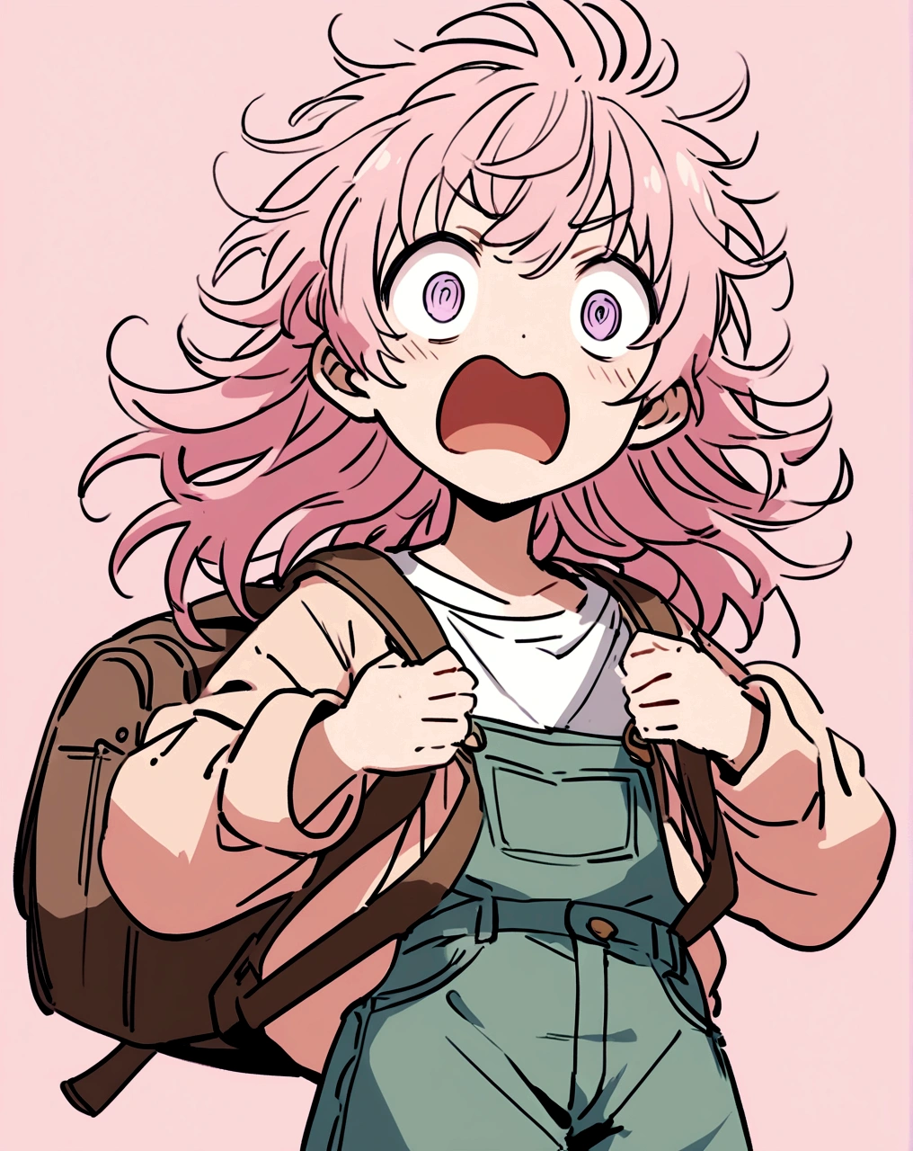 Generate an anime-style illustration of a surprised boy with short, messy hair. He has wide, expressive eyes and a small mouth open in astonishment. The boy is wearing a casual outfit consisting of a loose jacket over a simple top and shorts. He also carries a backpack. The background should be a solid, pastel pink color, and the overall style should be clean and detailed, with attention to the character's expressive features and the flow of his hair and clothing."