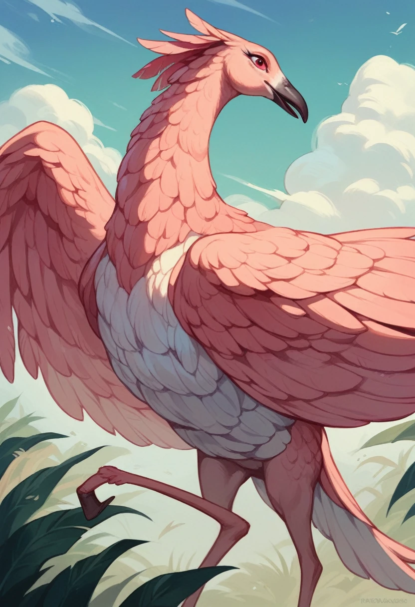 A flamingo is as big as a 5-story building. Standing in the middle of a red light intersection. Realistic image.