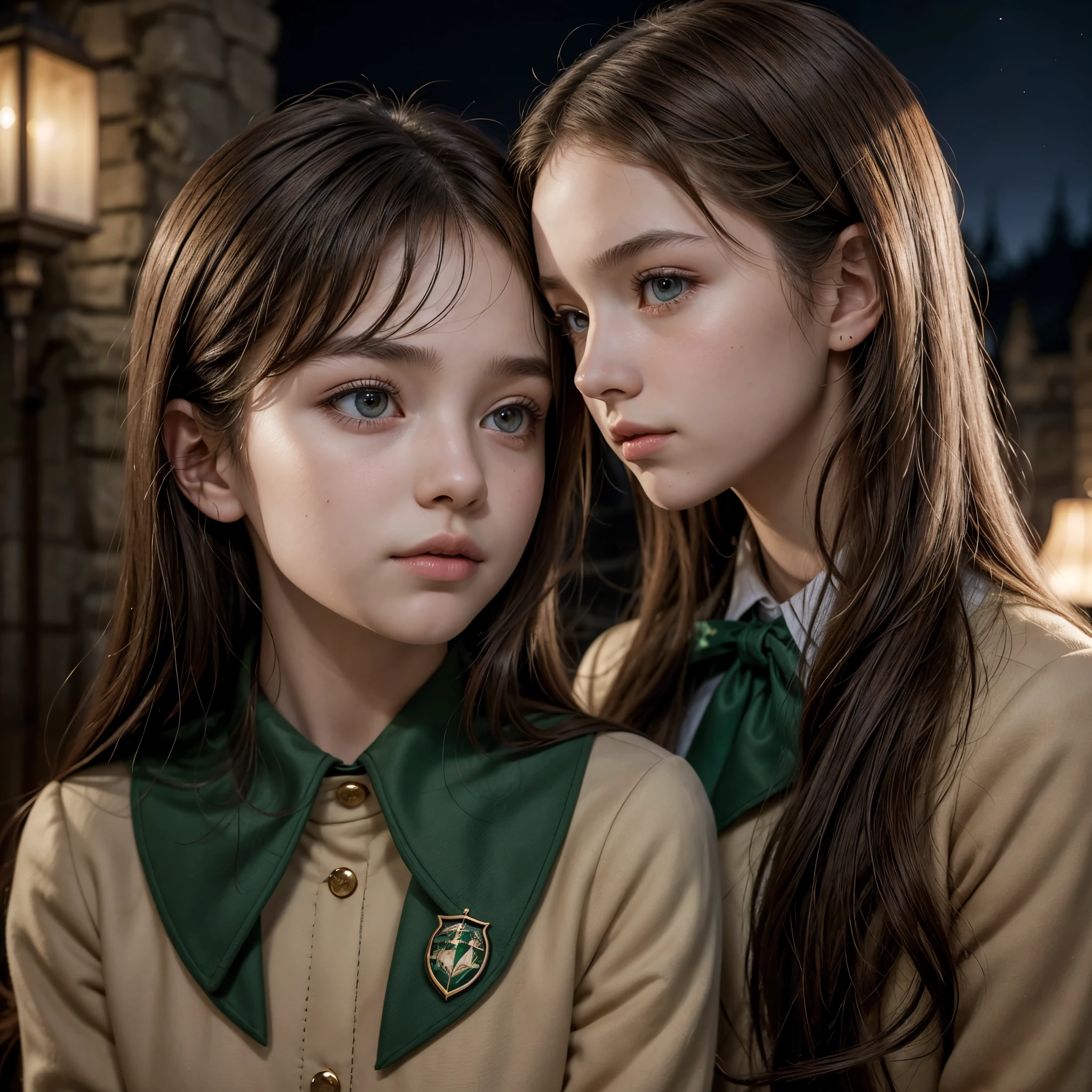 12 year old girl, slim, beautiful face, gold eyes, Brown hair, I would be, deep gaze straight ahead, Profile, in the Howards uniform with the Slytherin emblem, putting her hair behind her ear, in the background Howards Castle at night with wind